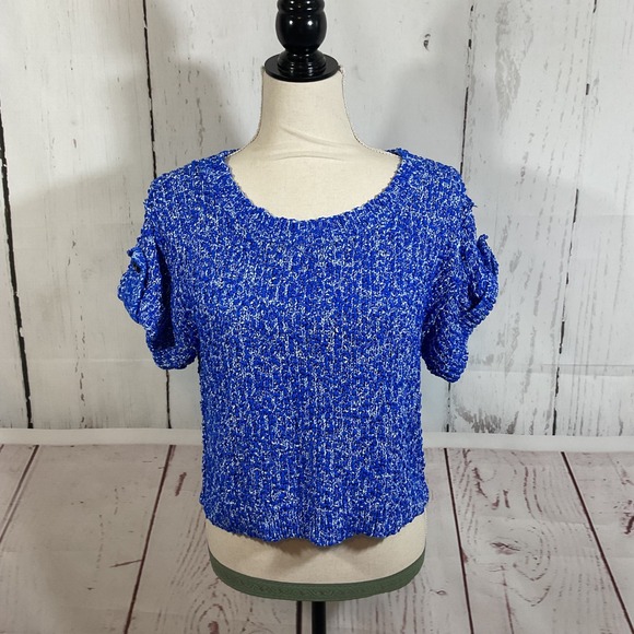 Milly Sweaters - Milly New York Sweater Top S Blue Textured Popcorn Knit Button Tab Short Sleeve